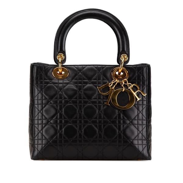 Pre-owned Dior Medium Lambskin Cannage Lady Dior Black