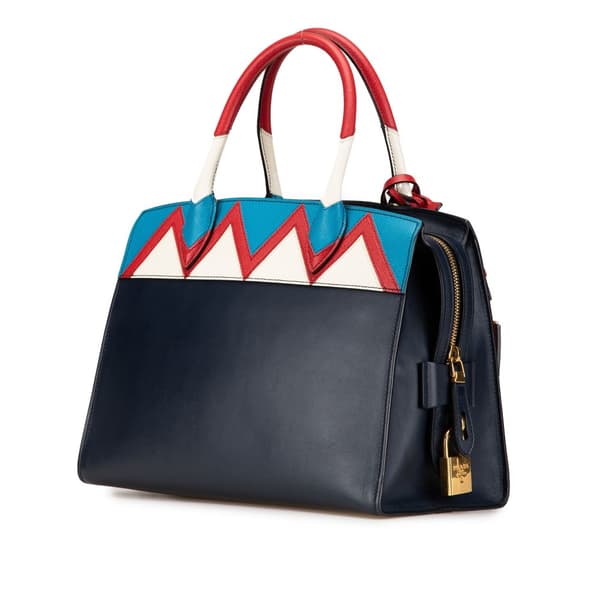Pre-owned Prada Medium Saffiano Trimmed City Calf Greca Esplanade Satchel Blue