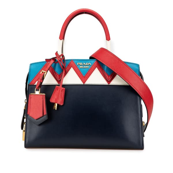 Pre-owned Prada Medium Saffiano Trimmed City Calf Greca Esplanade Satchel Blue