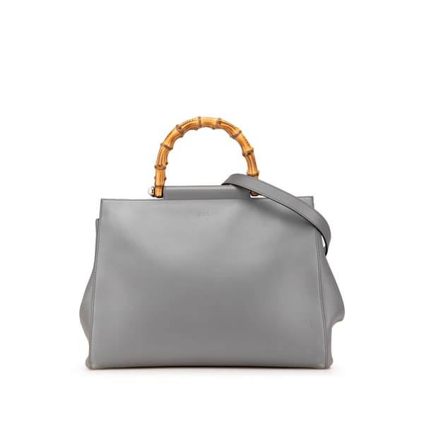Pre-owned Gucci Medium Leather Bamboo Nymphaea Satchel Gray