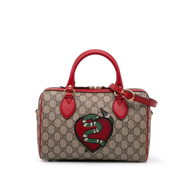 Pre-owned Gucci Small GG Supreme Kingsnake Heart Embroidered Satchel Brown
