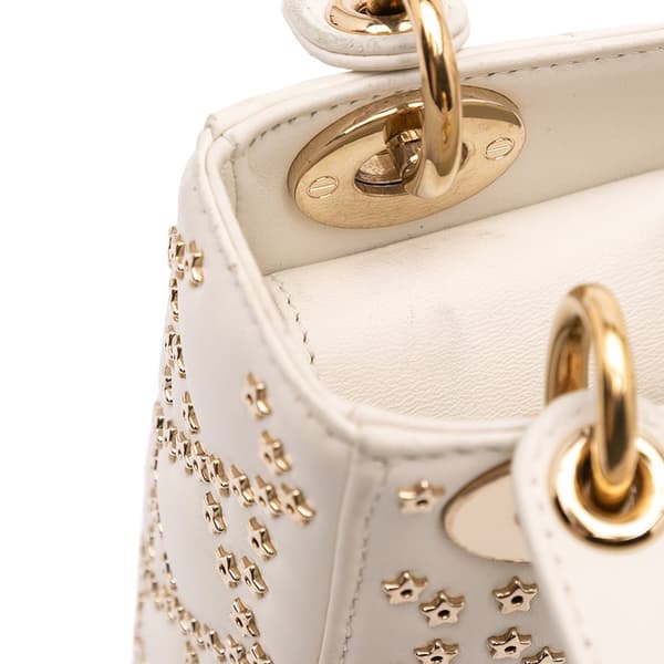 Pre-owned Dior Mini Lambskin Cannage Lucky Star Studded Lady Dior White