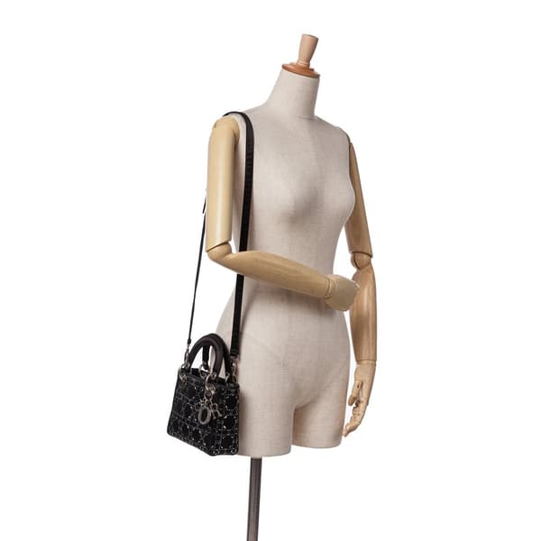 Pre-owned Dior Mini Satin Cannage Strass Crystal Embellished Lady Dior Black