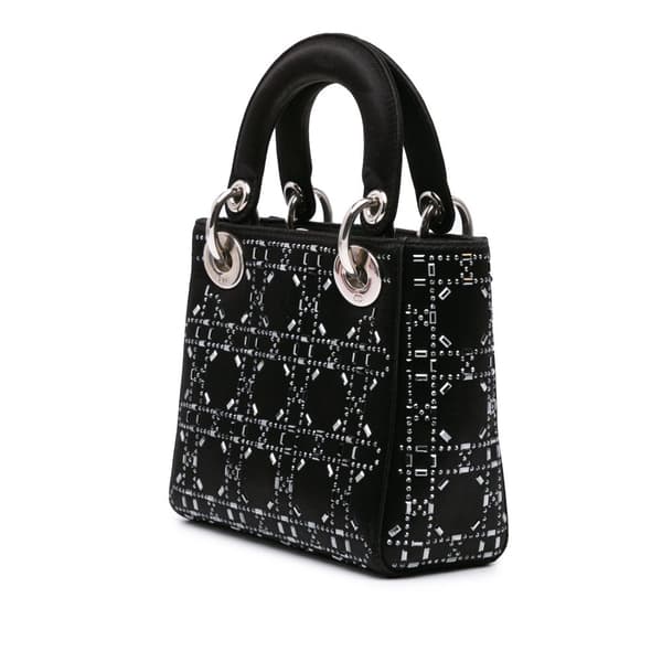 Pre-owned Dior Mini Satin Cannage Strass Crystal Embellished Lady Dior Black