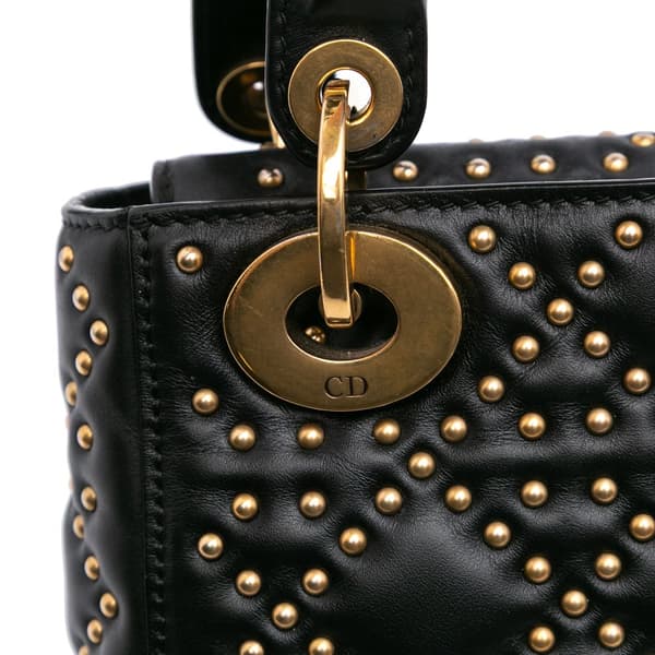 Pre-owned Dior Mini Lambskin Cannage Studded Supple Lady Dior Black