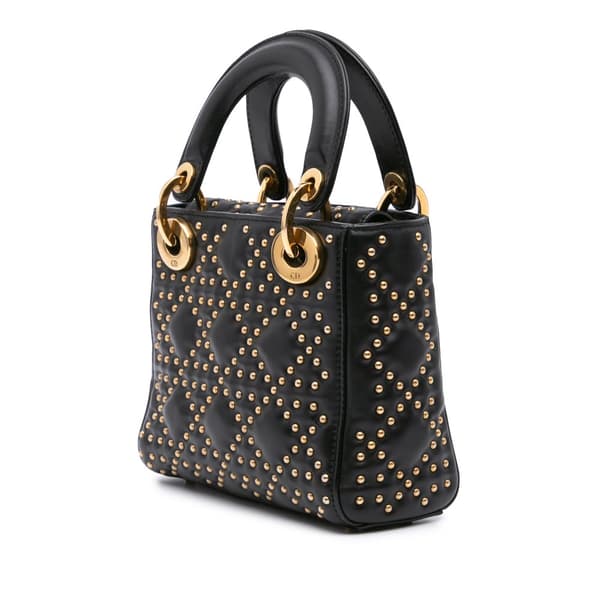 Pre-owned Dior Mini Lambskin Cannage Studded Supple Lady Dior Black