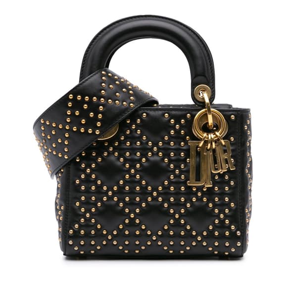 Pre-owned Dior Mini Lambskin Cannage Studded Supple Lady Dior Black
