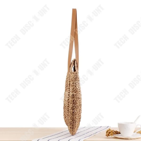 TD® rund handväska, halmvävd, kamelfärg, 40*43 cm, stor sommarstrandväska, starkt resväska med axelrem