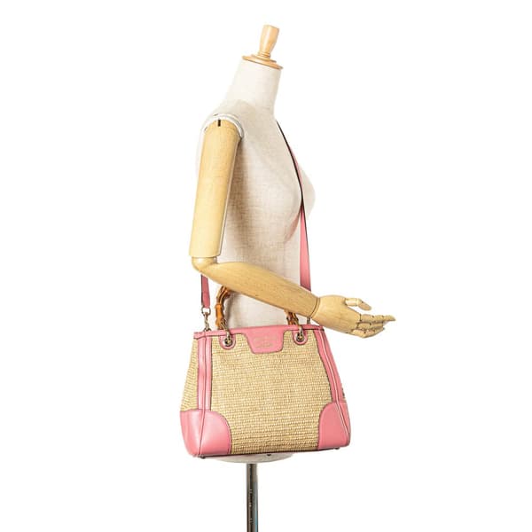 Pre-owned Gucci Small Raffia Bamboo Shopper Satchel Brown