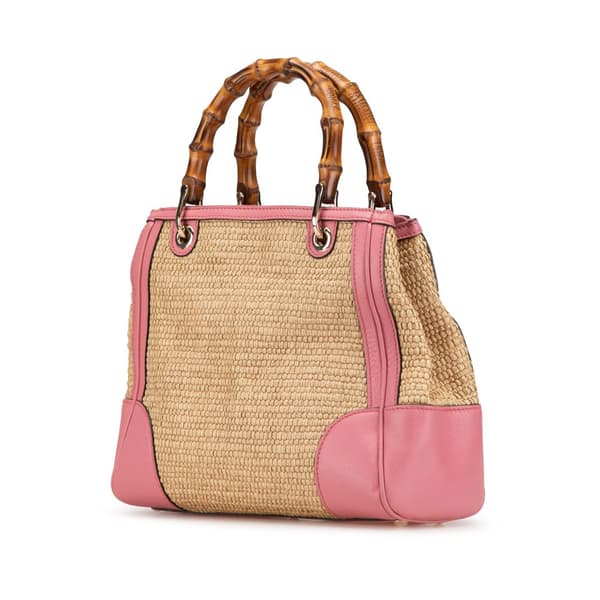 Pre-owned Gucci Small Raffia Bamboo Shopper Satchel Brown