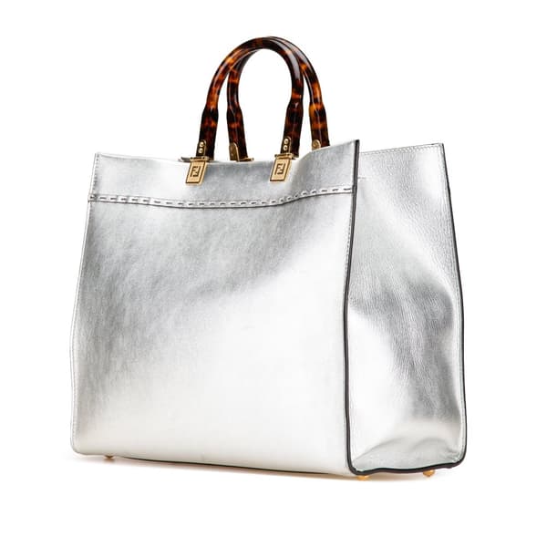 Pre-owned Fendi Medium Metallic Leather Sunshine Shopper Tote Silver