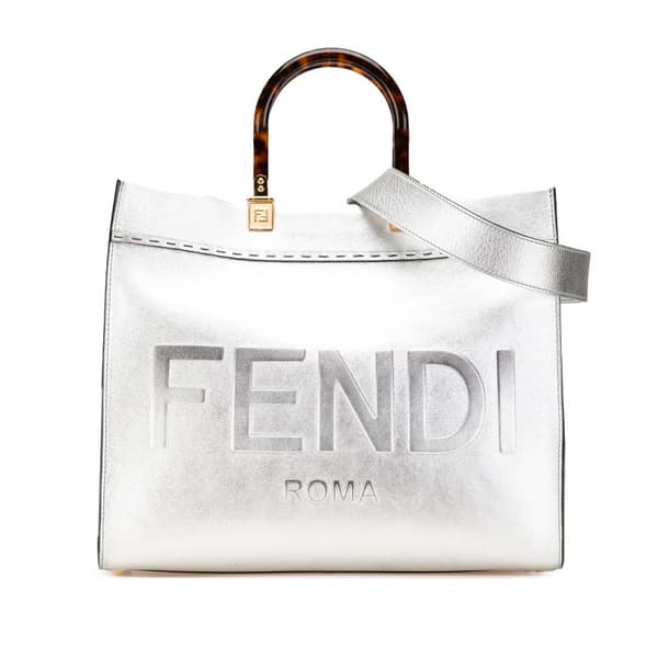 Pre-owned Fendi Medium Metallic Leather Sunshine Shopper Tote Silver