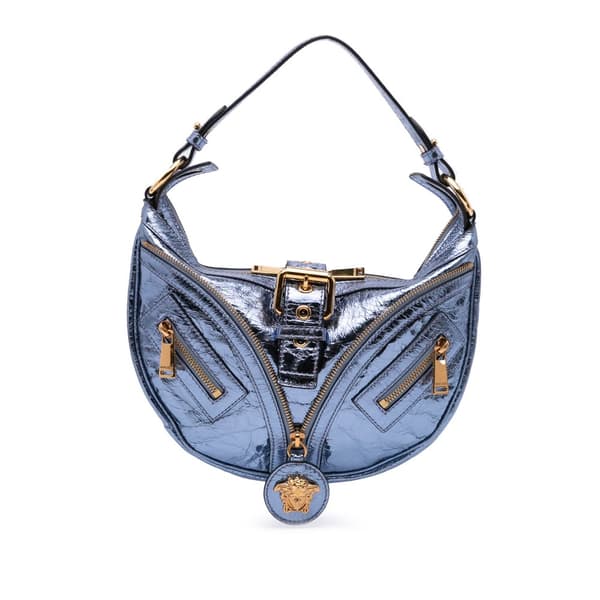 Pre-owned Versace Dua Lipa Small Metallic Lambskin Repeat Hobo Blue