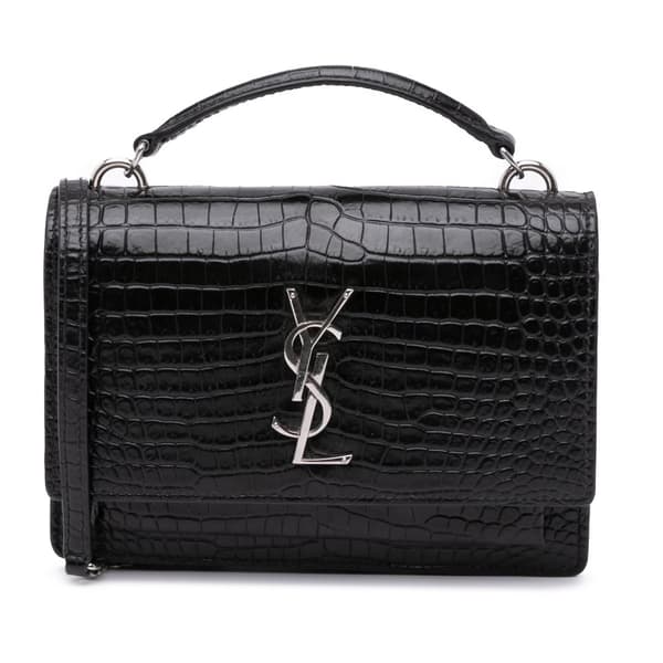 Pre-owned Saint Laurent Crocodile Embossed Monogram Sunset Top Handle Chain Wallet Black