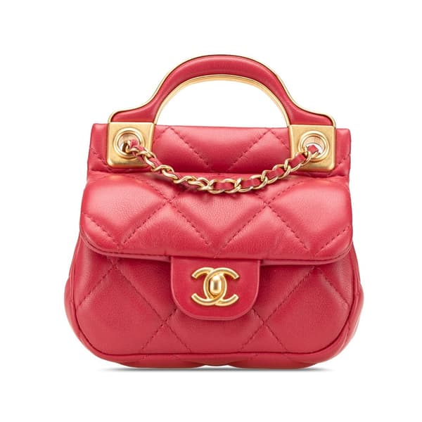 Pre-owned Chanel Quilted Calfskin Lady Card Holder with Chain Top Handle Bag Red