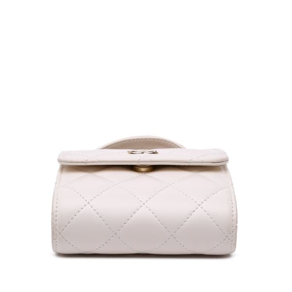 Pre-owned Chanel Mini CC Quilted Lambskin Kiss Lock Frame Top Handle Clutch with Chain White