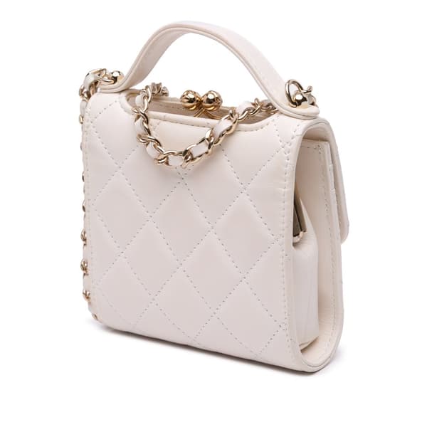 Pre-owned Chanel Mini CC Quilted Lambskin Kiss Lock Frame Top Handle Clutch with Chain White