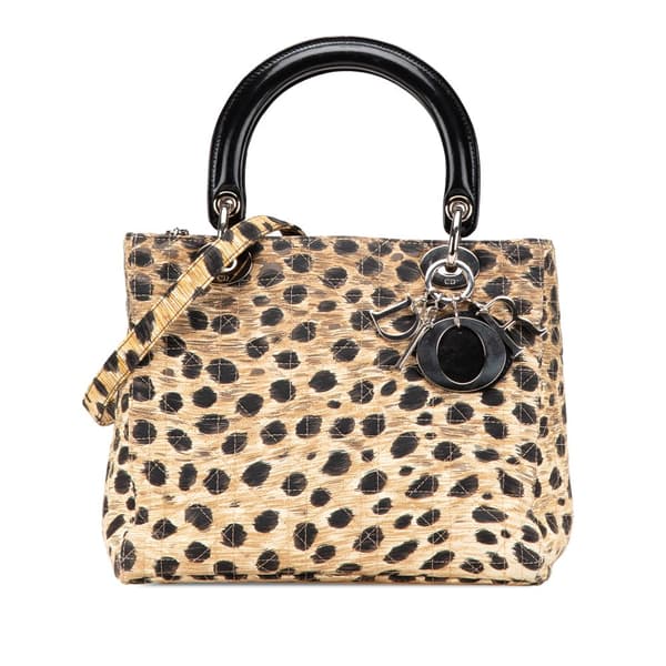 Pre-owned Dior Medium Canvas Cannage Leopard Print Lady Dior Brown