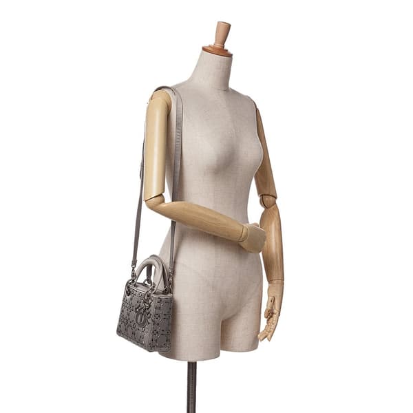 Pre-owned Dior Mini Satin Cannage Strass Crystal Embellished Lady Dior Gray