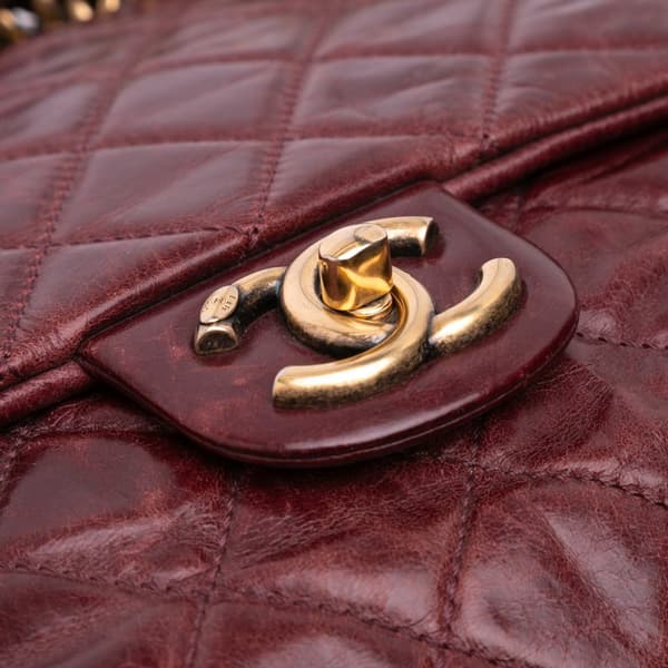Pre-owned Chanel Medium Glazed Calfskin Castle Rock Top Handle Flap Red