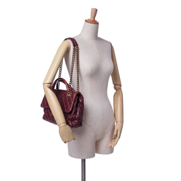 Pre-owned Chanel Medium Glazed Calfskin Castle Rock Top Handle Flap Red