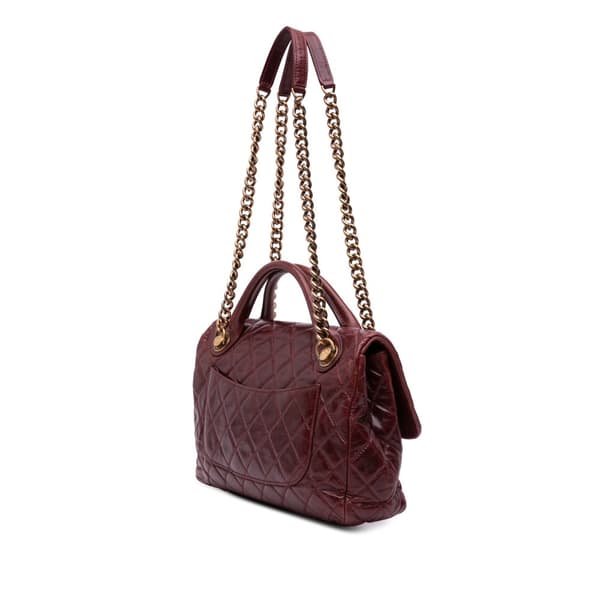 Pre-owned Chanel Medium Glazed Calfskin Castle Rock Top Handle Flap Red