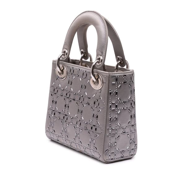 Pre-owned Dior Mini Satin Cannage Strass Crystal Embellished Lady Dior Gray