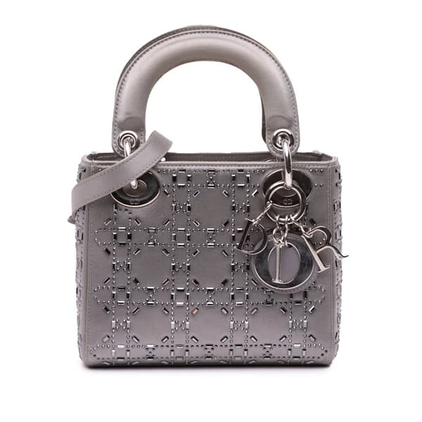 Pre-owned Dior Mini Satin Cannage Strass Crystal Embellished Lady Dior Gray