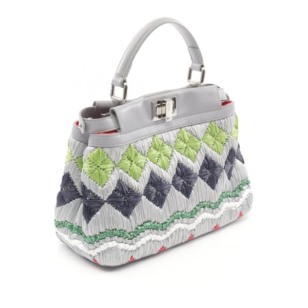 Pre-owned Fendi Mini Embroidered Raffia Peekaboo Satchel Gray