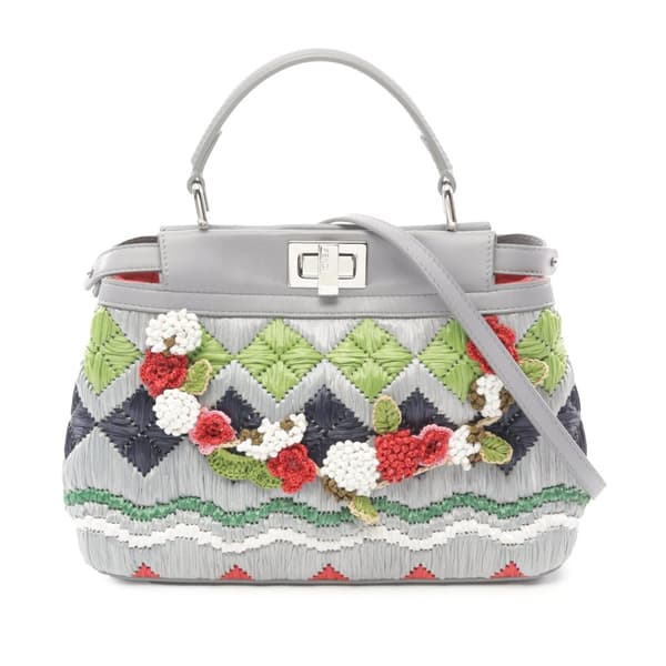 Pre-owned Fendi Mini Embroidered Raffia Peekaboo Satchel Gray