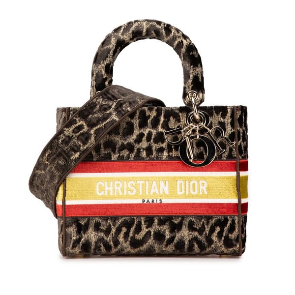 Pre-owned Dior Mizza Medium Embroidered Velvet Leopard Lady D Lite Brown