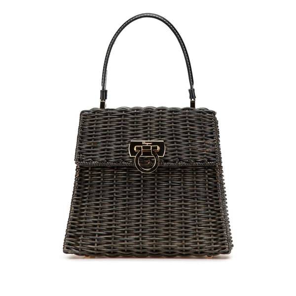 Pre-owned Ferragamo Wicker Gancini Iconic Top Handle Bag Black