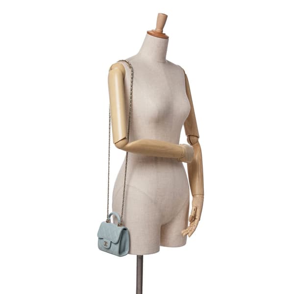Pre-owned Chanel Mini Lambskin Top Handle Clutch On Chain Blue