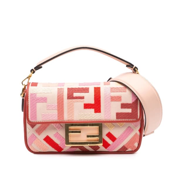 Pre-owned Fendi Mini Zucca Embroidered Baguette Satchel Pink