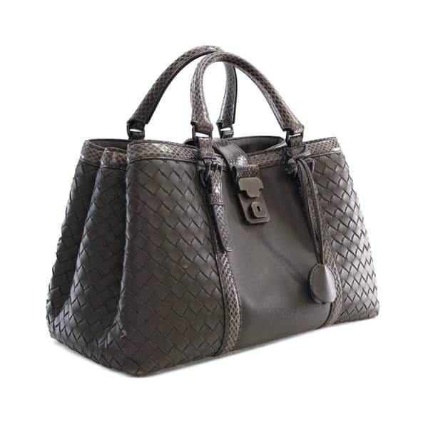Pre-owned Bottega Veneta Small Snakeskin Trimmed Calfskin Intrecciato Roma Satchel Gray
