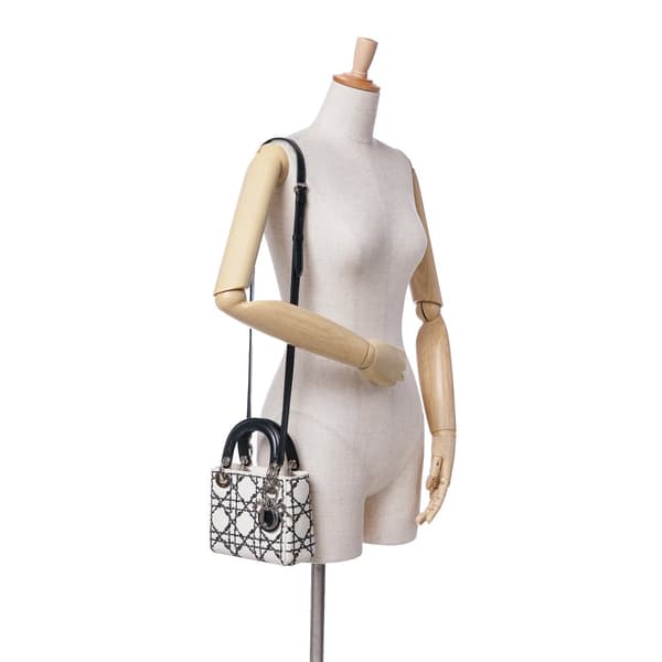 Pre-owned Dior Mini Calfskin Cannage Sequin Lady Dior White
