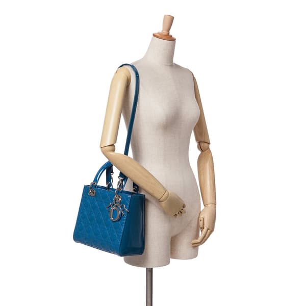 Pre-owned Dior Medium Patent Cannage Lady Dior Blue