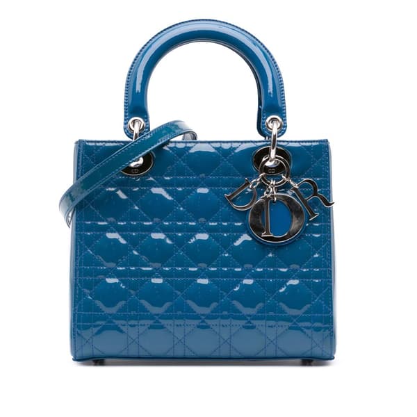 Pre-owned Dior Medium Patent Cannage Lady Dior Blue