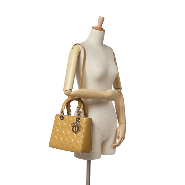 Pre-owned Dior Medium Patent Cannage Lady Dior Yellow