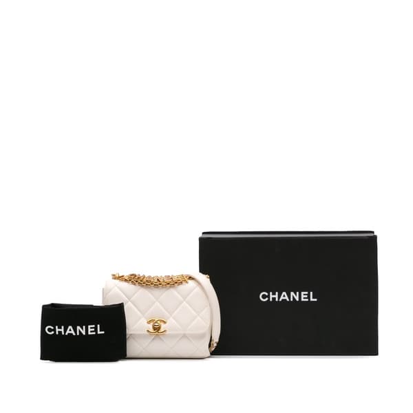 Pre-owned Chanel Mini Quilted Lambskin Crystal Logo Letters Chain Flap White