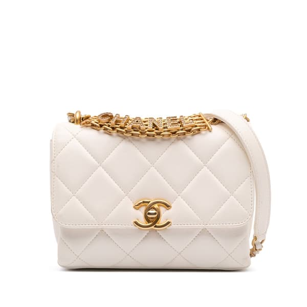 Pre-owned Chanel Mini Quilted Lambskin Crystal Logo Letters Chain Flap White