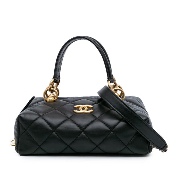 Pre-owned Chanel Métiers d'Art CC Quilted Lambskin Box Top Handle Satchel Black
