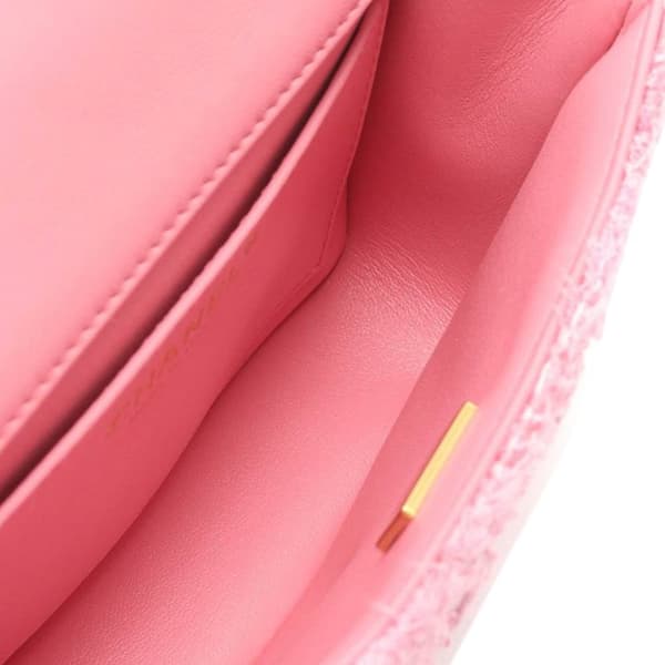 Pre-owned Chanel Mini Square Quilted Woven Tweed Pearl Twist Flap Pink