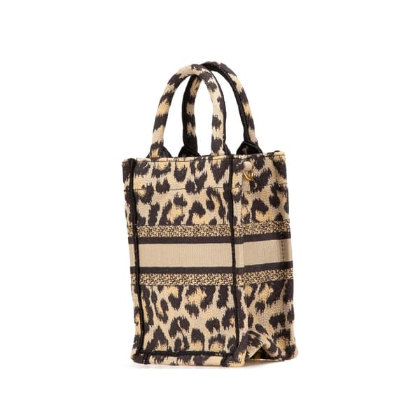 Pre-owned Dior Mizza Mini Embroidered Canvas Leopard Vertical Book Tote Brown