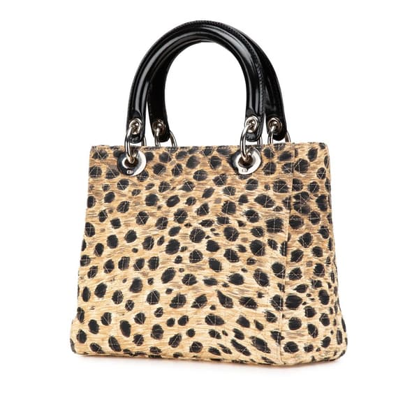 Pre-owned Dior Medium Canvas Cannage Leopard Print Lady Dior Brown