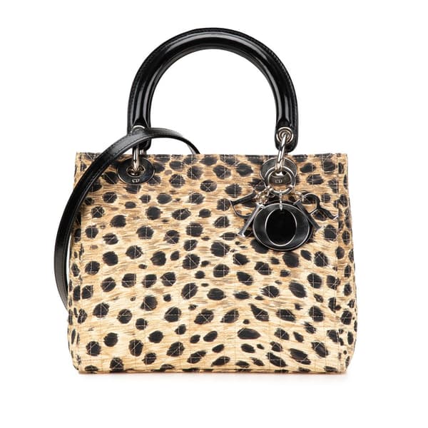 Pre-owned Dior Medium Canvas Cannage Leopard Print Lady Dior Brown