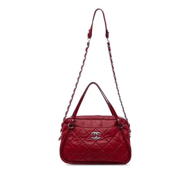 Pre-owned Chanel Quilted Iridescent Calfskin Relax CC Satchel Red