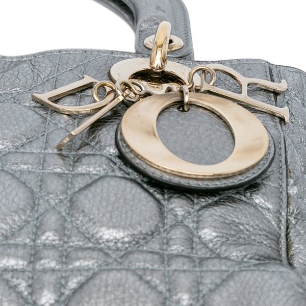 Pre-owned Dior Small Metallic Grained Calfskin Cannage Supple Lady Dior Silver
