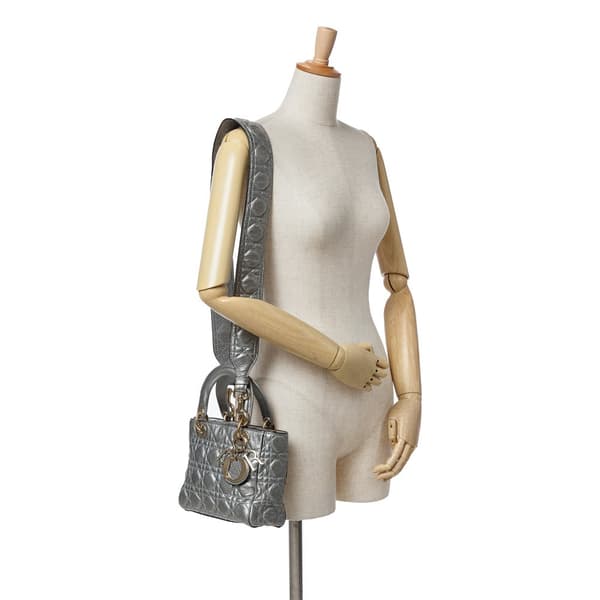 Pre-owned Dior Small Metallic Grained Calfskin Cannage Supple Lady Dior Silver