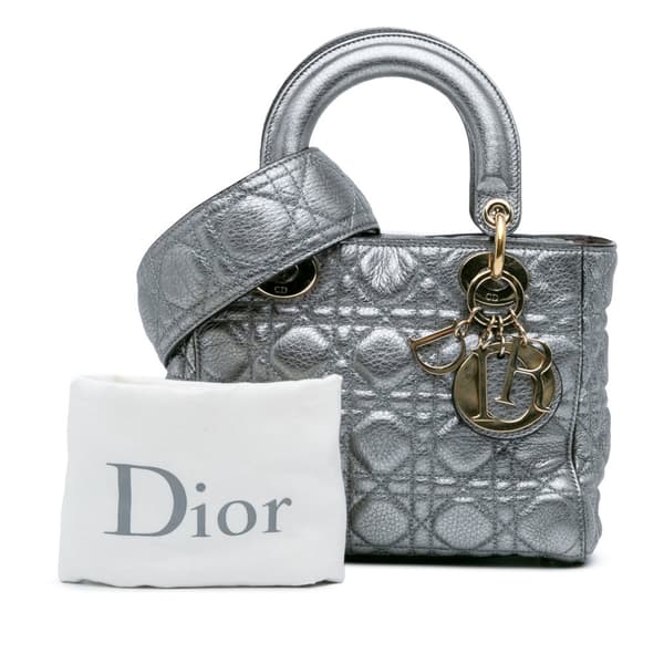 Pre-owned Dior Small Metallic Grained Calfskin Cannage Supple Lady Dior Silver